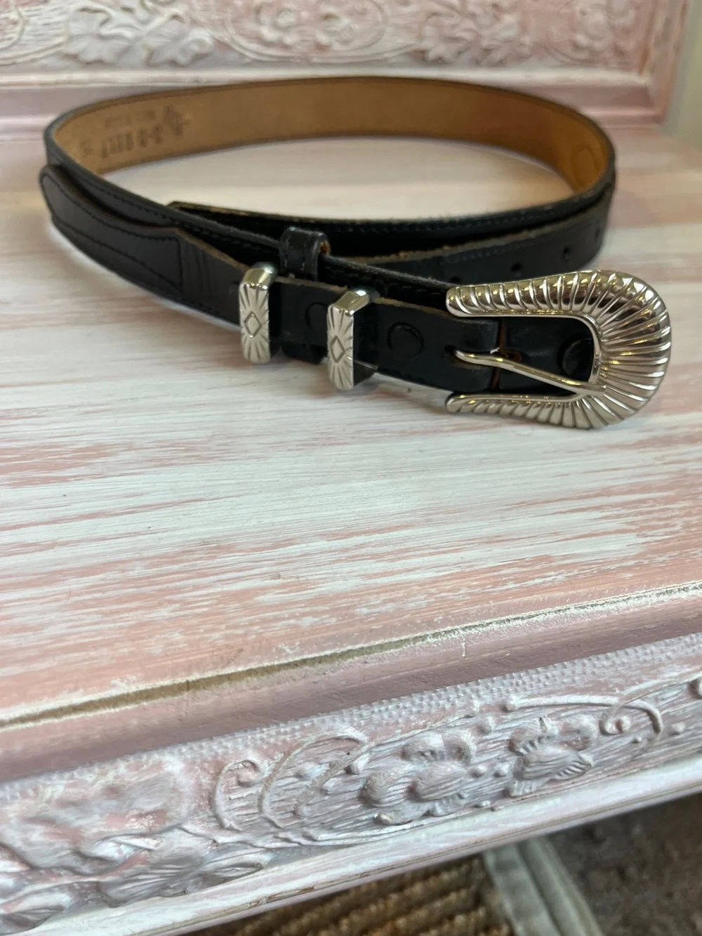 Full Grain CowHide Black Leather Belt with Decorative Silver Buckle 26inch